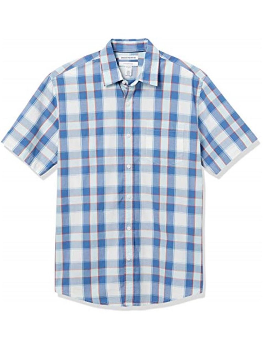 Mens Blue Checked Short Sleeve Poplin Shirt Regular Fit Button Down Collared Top